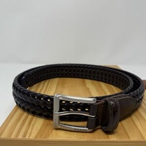 Fossil Myles Men's Braided Leather Belt MB4160222 Brown Size 34 Silver Buckle